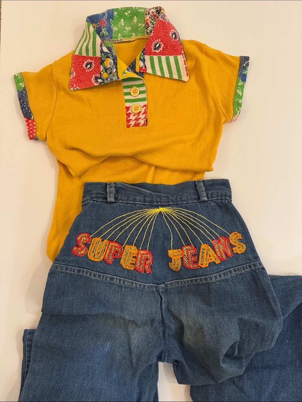 70’s Vintage Yellow Polo Patchwork Collar/ cuffs & Denim 'Super Jeans' Jeans
